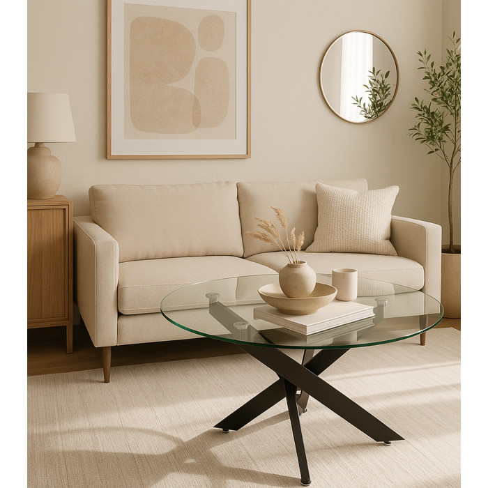 Mesa centro de cristal redonda DAN con patas cruzadas