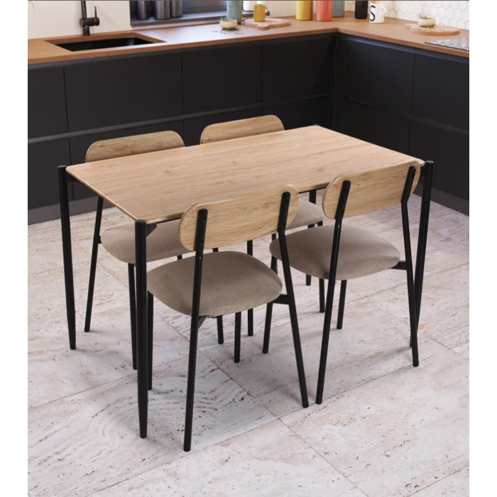 Pack Nairobi – Mesa y 4 sillas estilo industrial en roble y negro