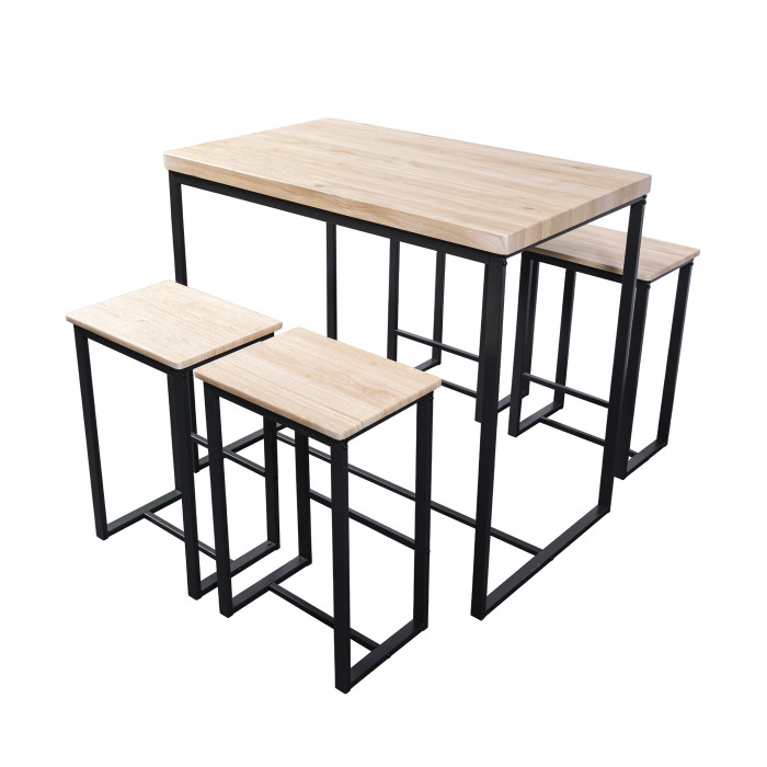 Pack Degano – Mesa alta y 4 taburetes en metal negro y roble