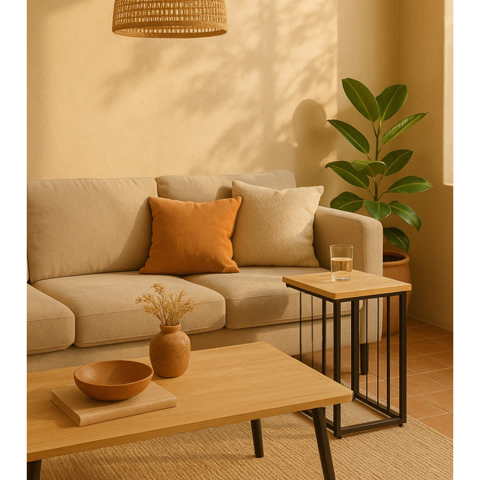 Mesa Auxiliar Aruba – Roble y metal negro, diseño compacto